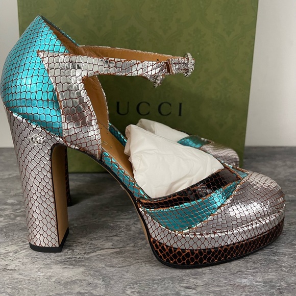 Brand New Gucci Multi 648695 Python Print Metallic Leather Platform Pumps 39.5 - Picture 2 of 7